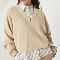Brunello Cucinelli Ribbed V-neck Top In Beige
