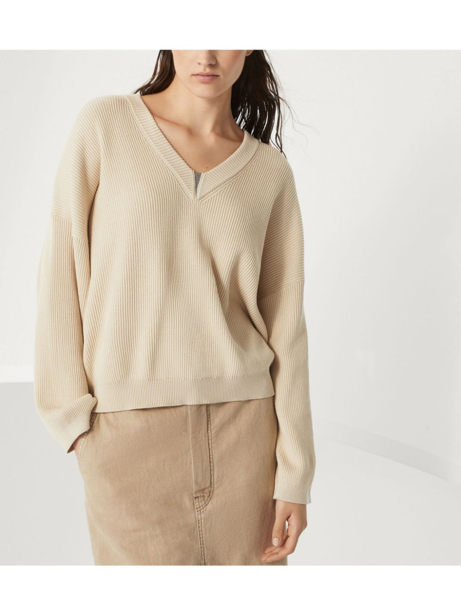 Brunello Cucinelli Ribbed V-neck Top In Beige