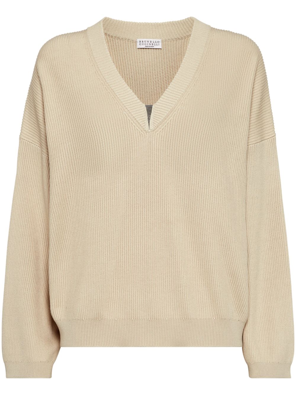 Brunello Cucinelli Ribbed V-neck Top Beige