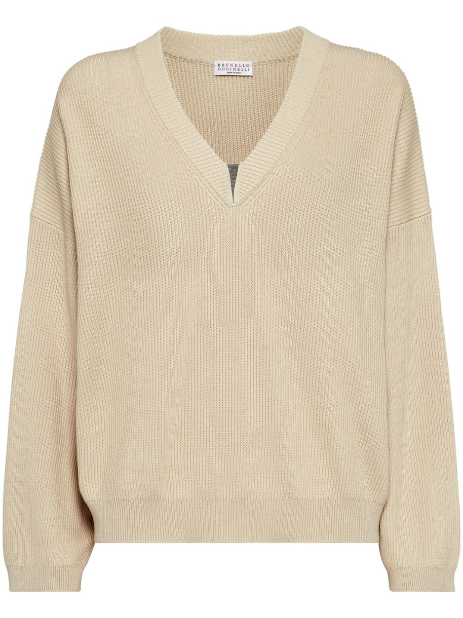 Brunello Cucinelli Ribbed V-neck Top In Beige