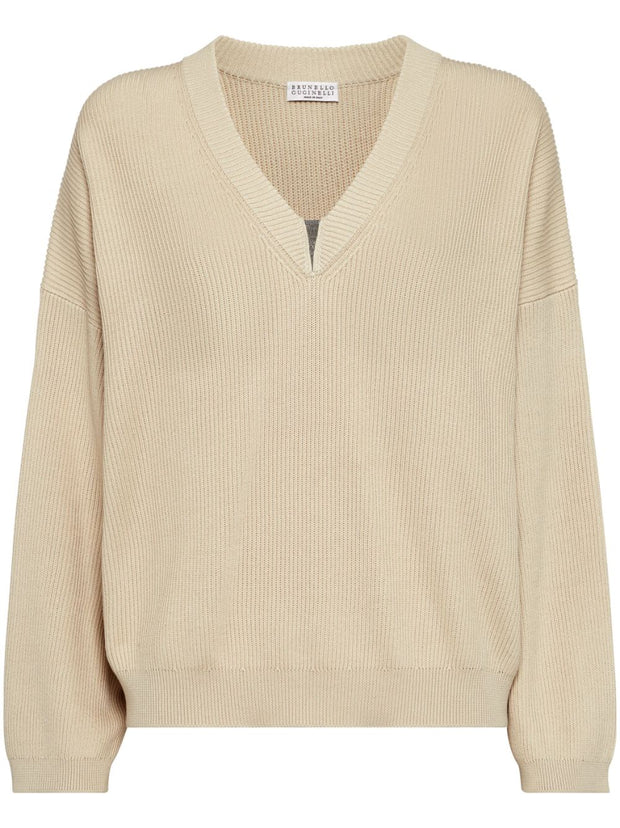Brunello Cucinelli Ribbed V-neck Top In Beige