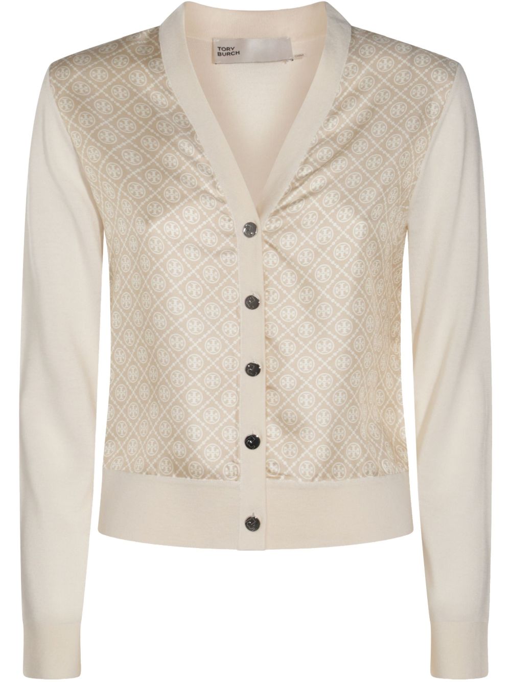 Tory Burch Silk Front Cardigan Beige