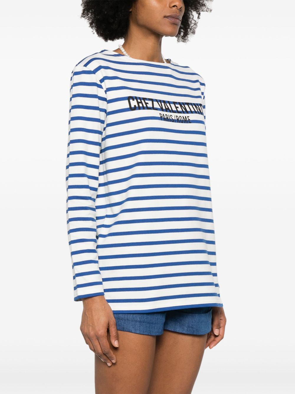 Valentino Striped Cotton Logo Print Top Ivory