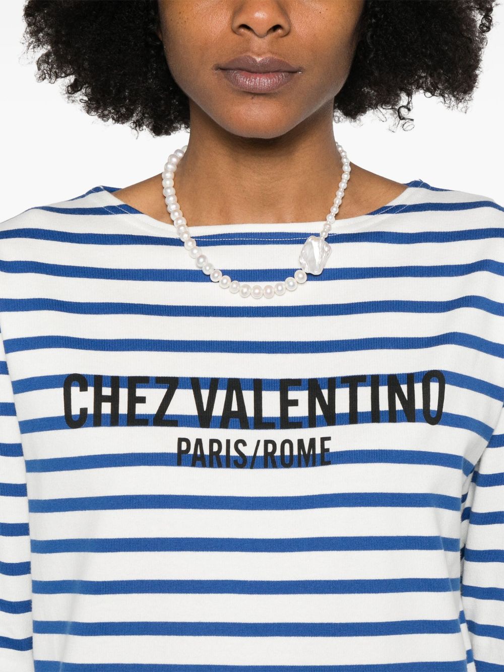 Valentino Striped Cotton Logo Print Top Ivory