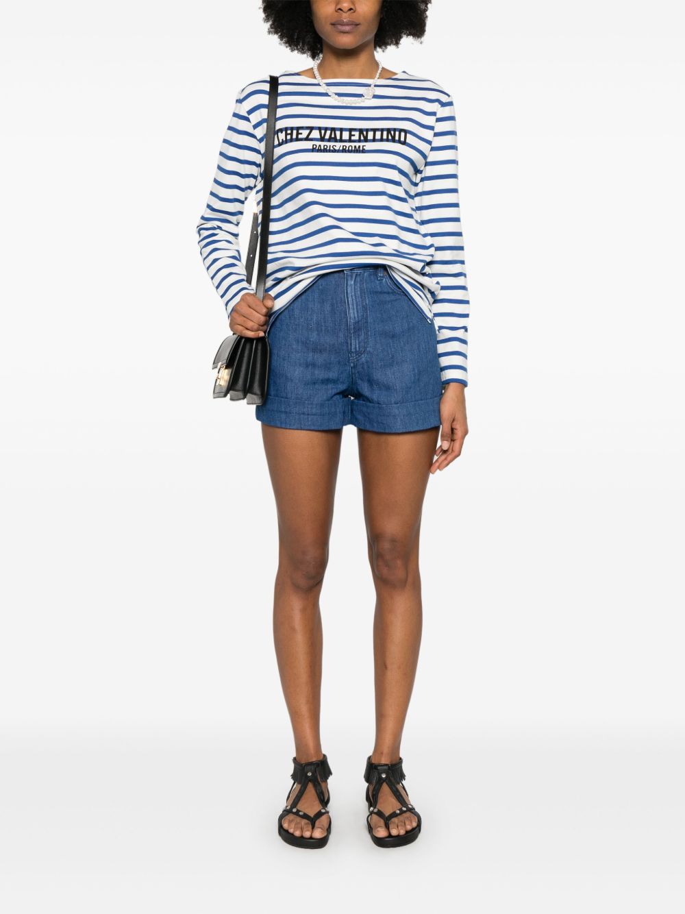 Valentino Striped Cotton Logo Print Top Ivory