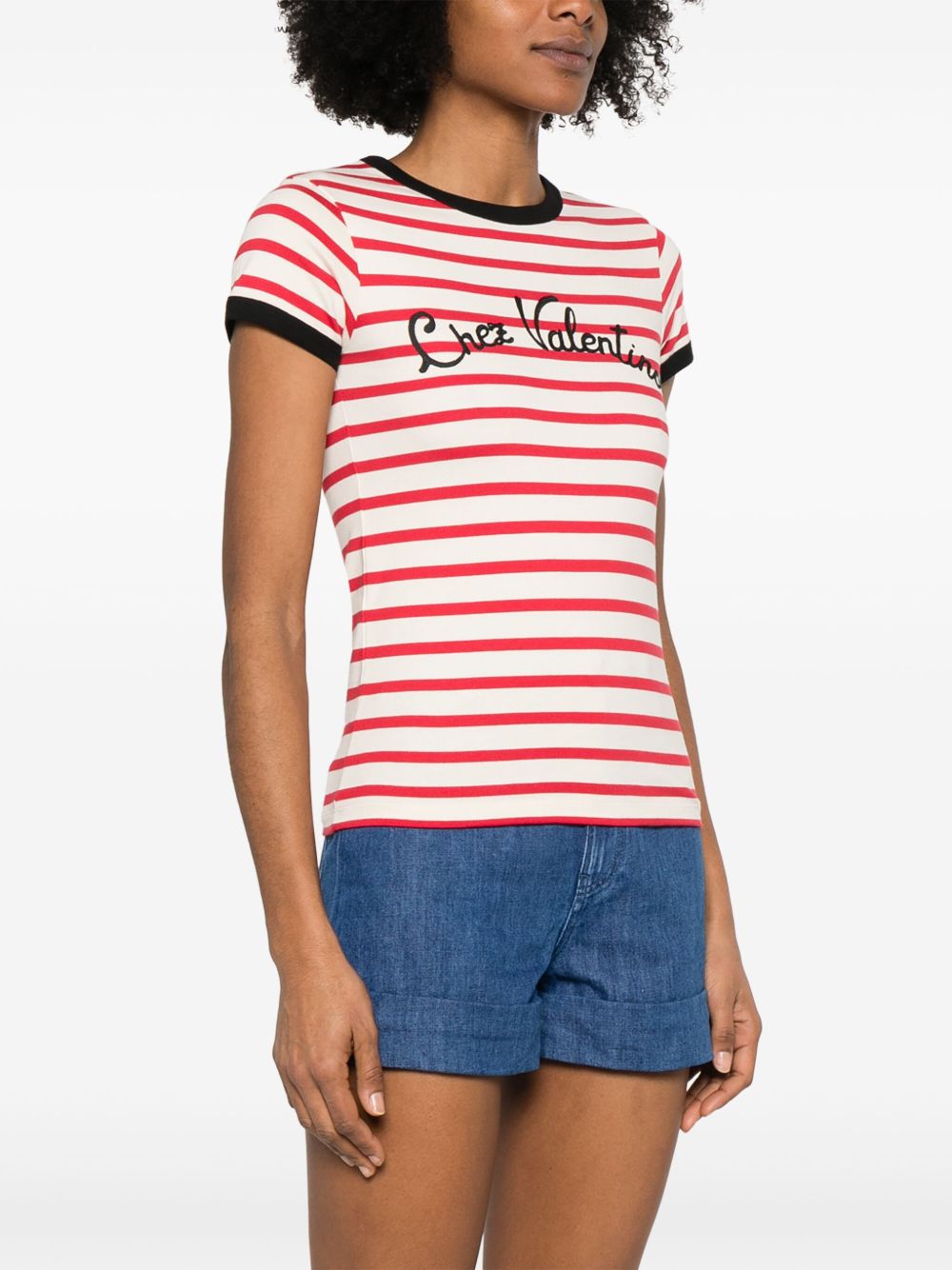 Valentino Striped Cotton Logo Print Top Ivory