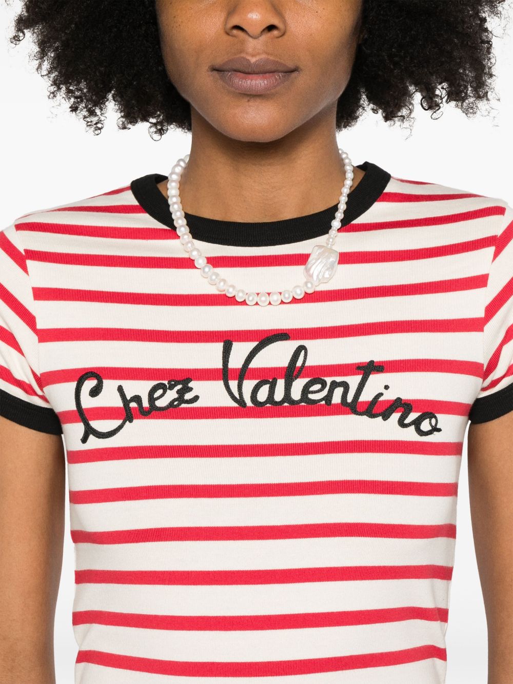 Valentino Striped Cotton Logo Print Top Ivory