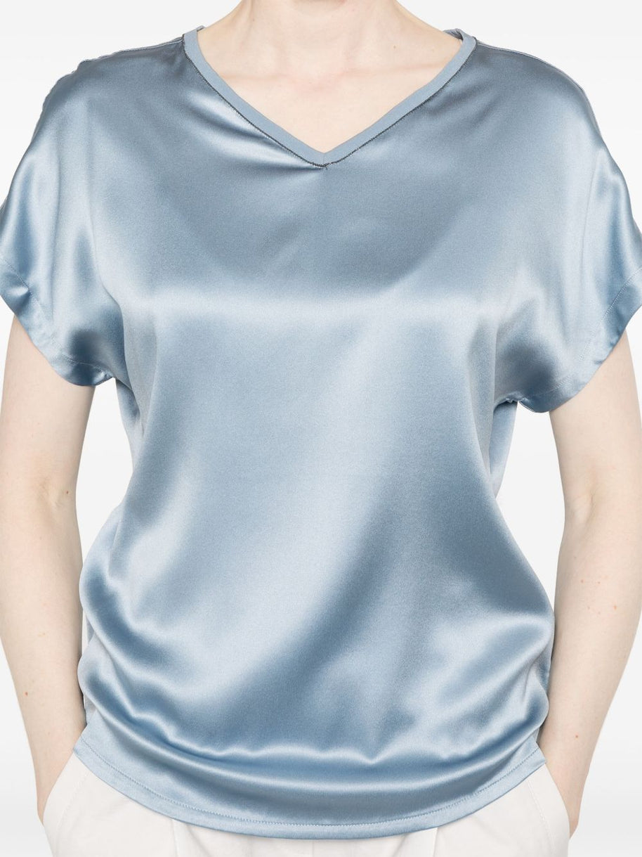 Brunello Cucinelli Satin V-neck Top In Clear Blue