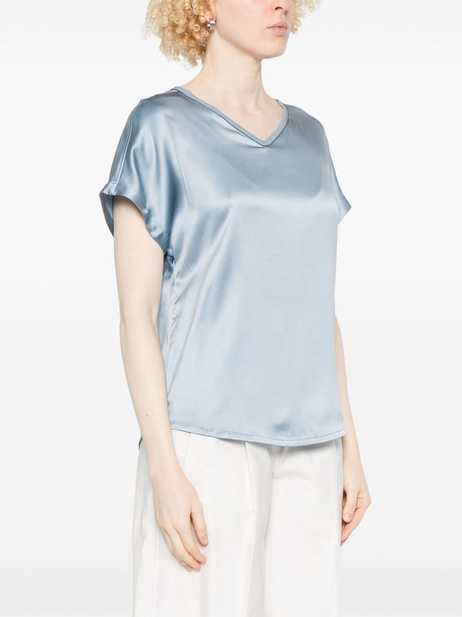 Brunello Cucinelli Satin V-neck Top In Clear Blue