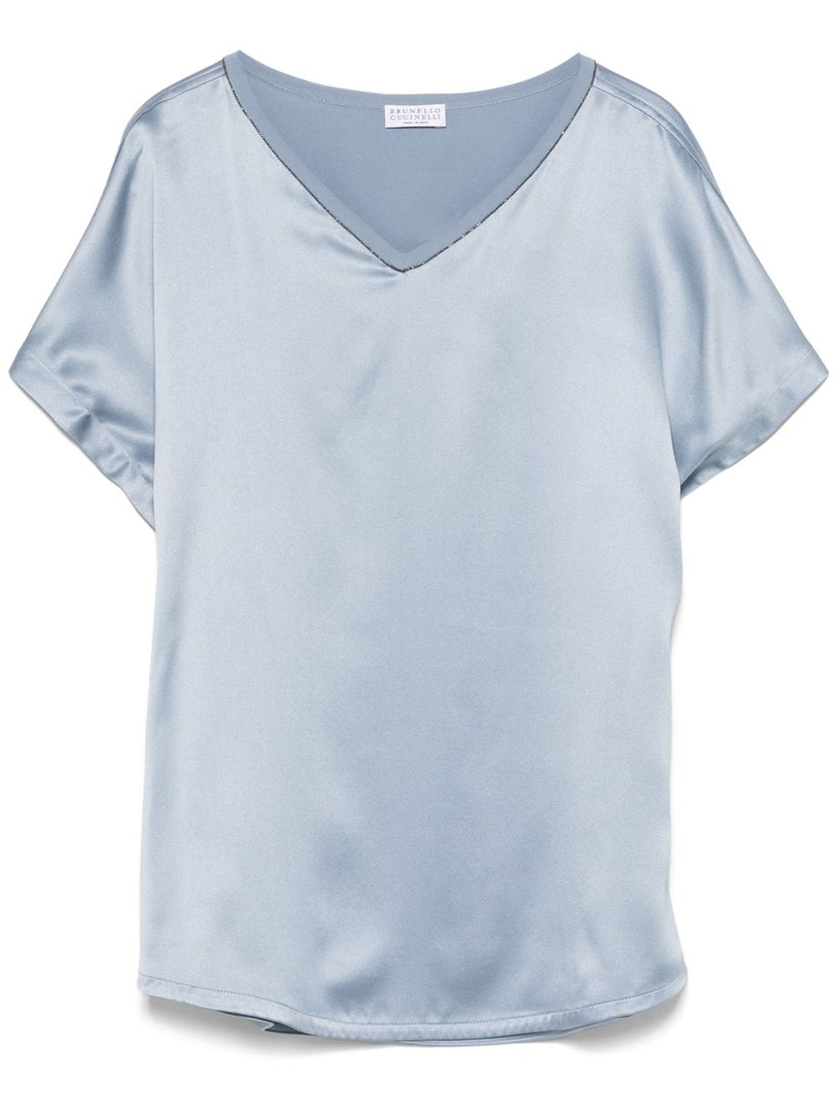 Brunello Cucinelli Satin V-neck Top In Clear Blue