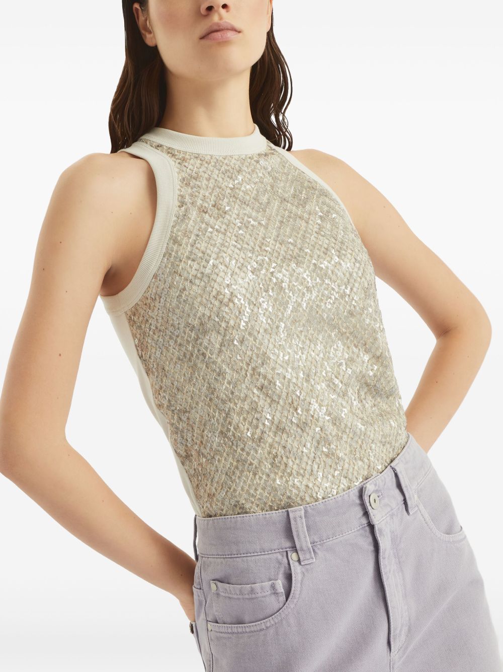 Brunello Cucinelli Sequin Embellished Tank Top Beige