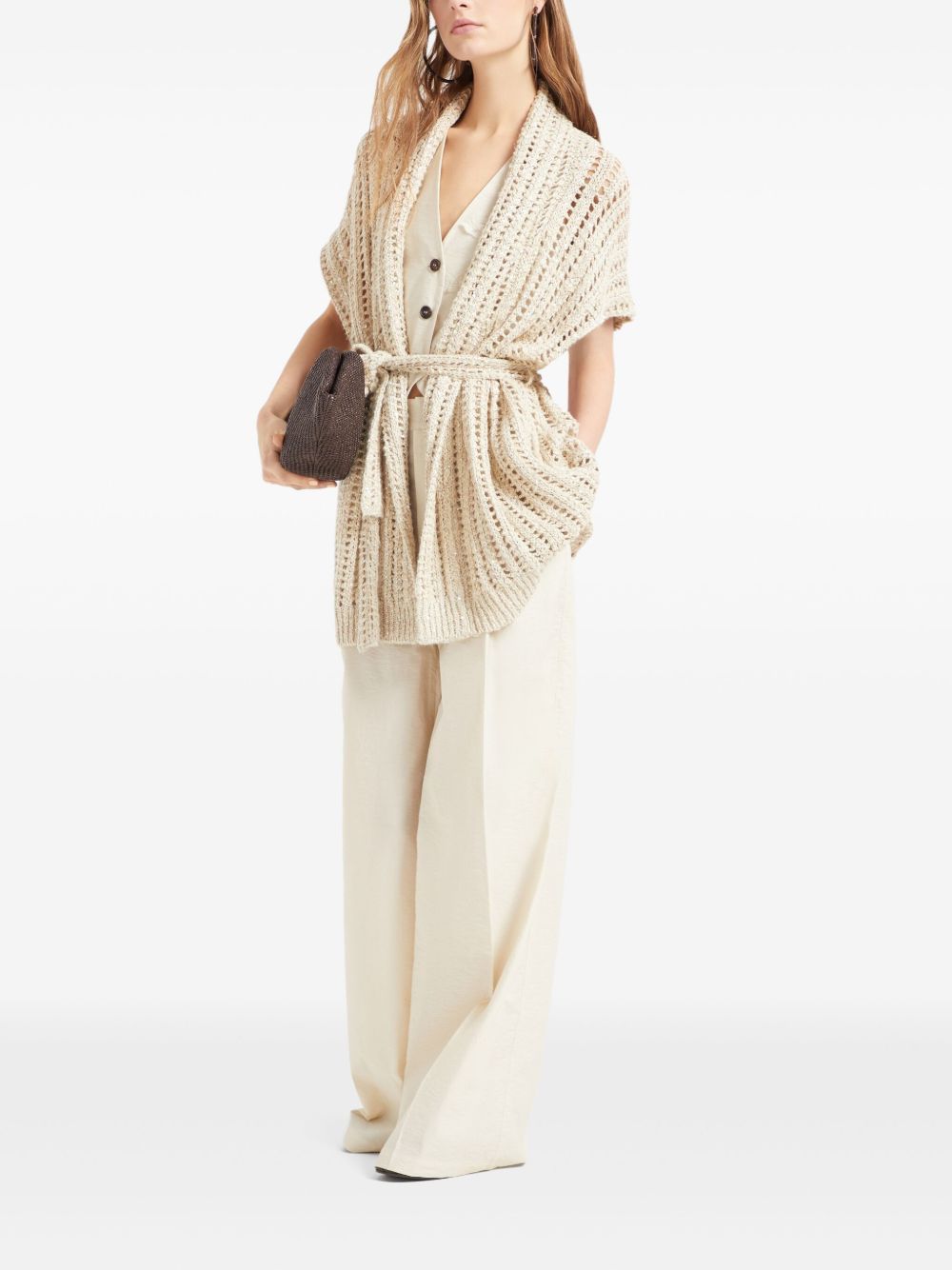 Brunello Cucinelli Open Knit Belted Cardigan Beige