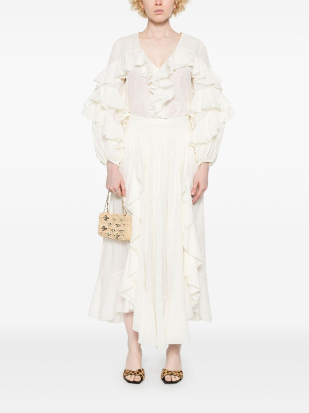 Zimmermann Cotton Midi Skirt With Ruffle Detail In White