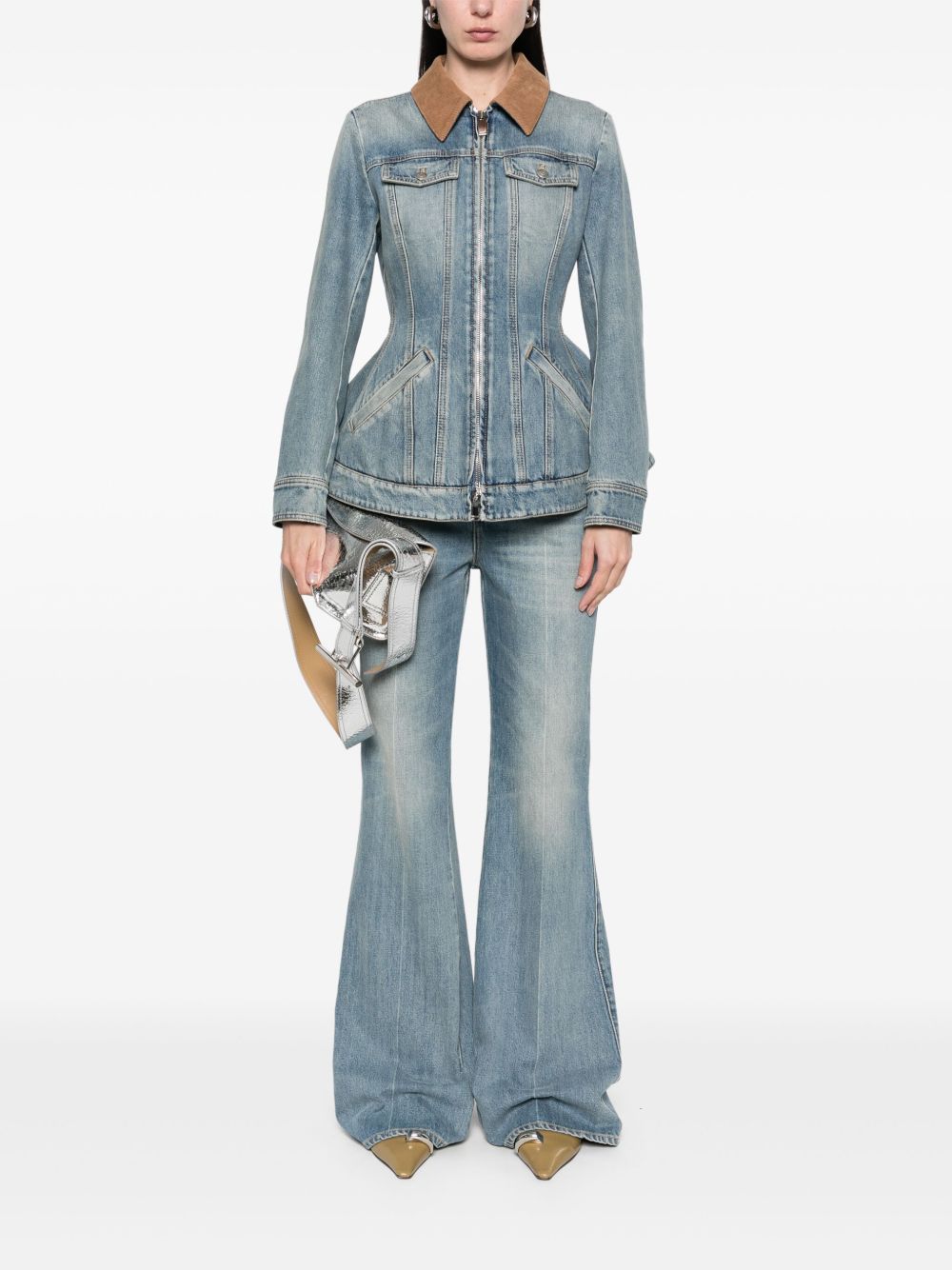 Alexander McQueen Flared Denim Jacket In Clear Blue