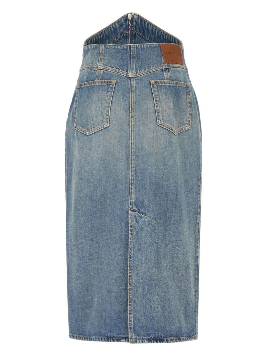 Alexander McQueen Denim High Waisted Long Skirt In Clear Blue