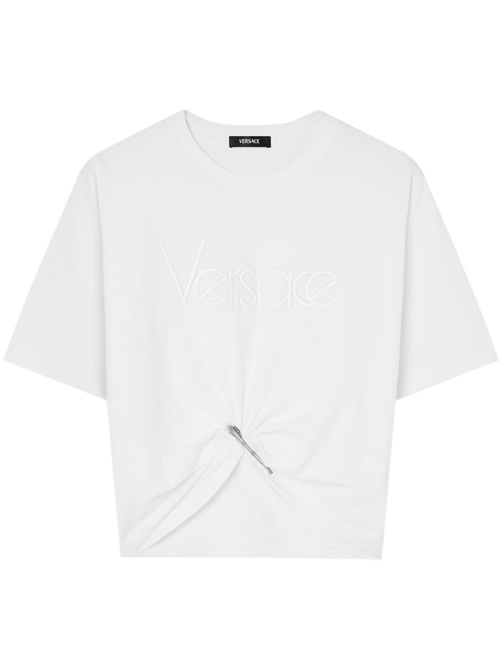 Versace Embroidered Logo With Safety Pin Detail In White