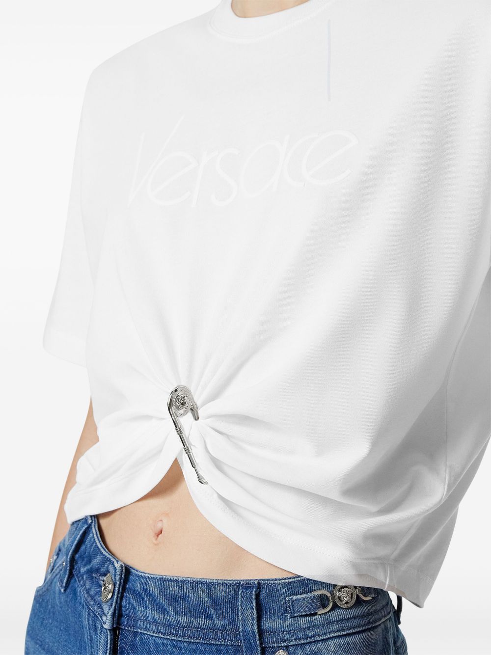 Versace Embroidered Logo With Safety Pin Detail In White