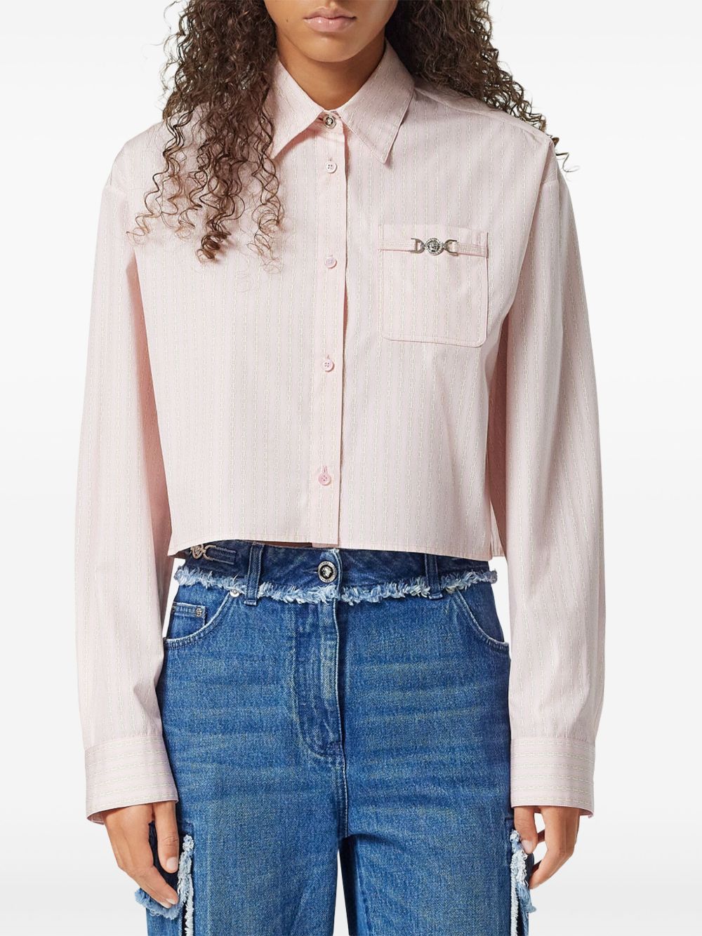 Versace Pinstripe Chain Cropped Shirt In Pink