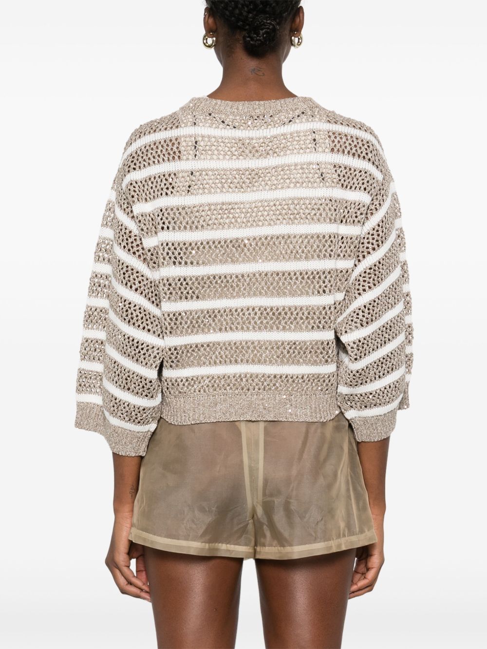 Brunello Cucinelli Sequin Embellished Open Knit Top In Beige