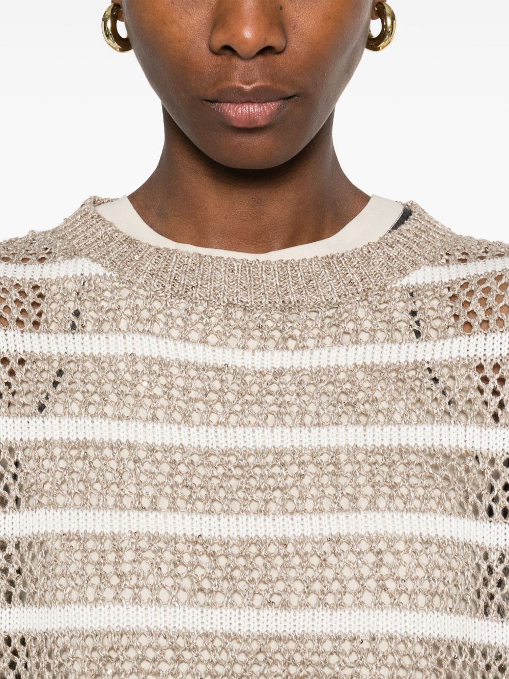 Brunello Cucinelli Sequin Embellished Open Knit Top In Beige