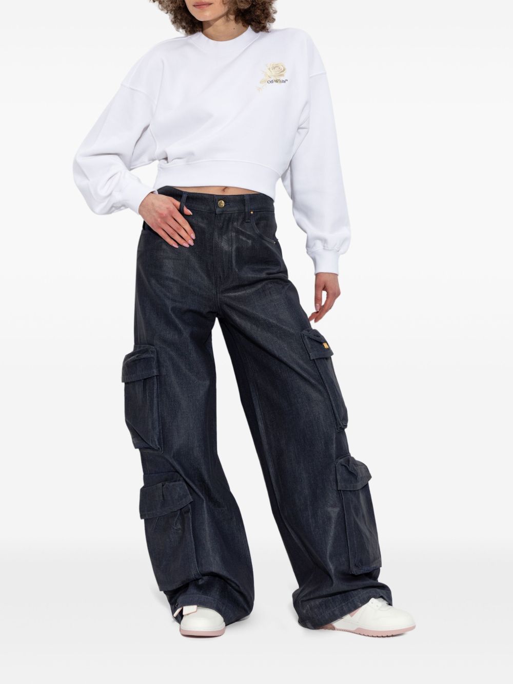 Off White Graphic Print Cropped Sweatshirt In White