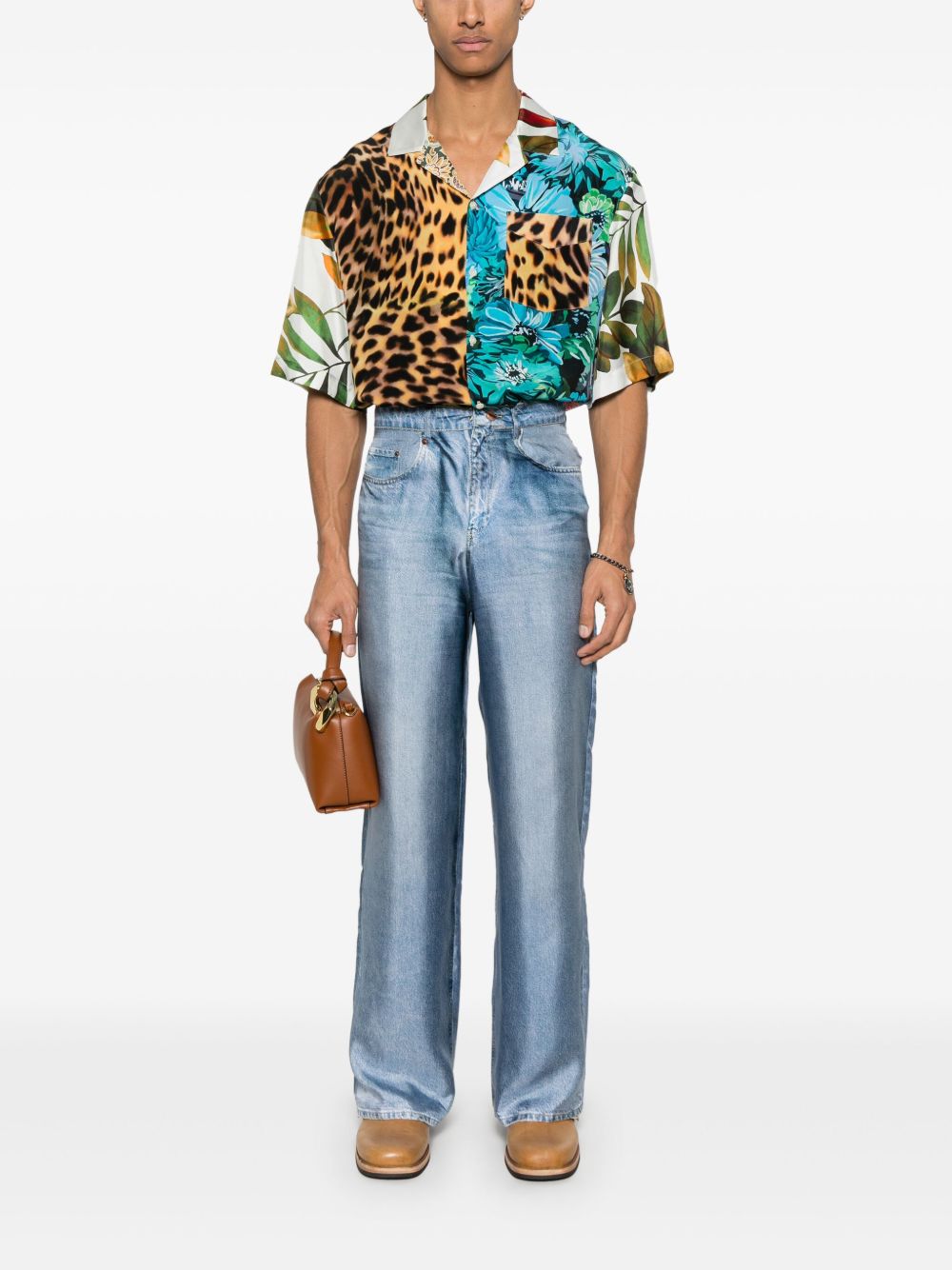 Pierre Louis Mascia Printed Denim Effect Silk Pants In Blue