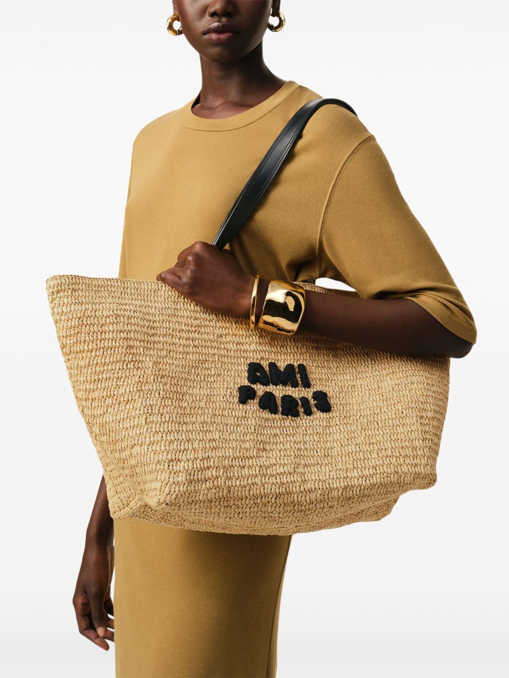 Ami Paris Raffia Tote Bag In Beige