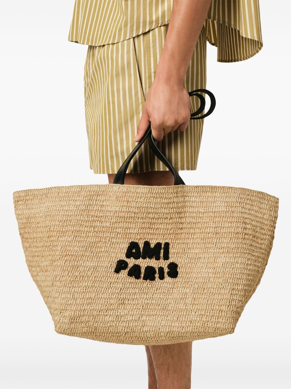 Ami Paris Raffia Tote Bag In Beige