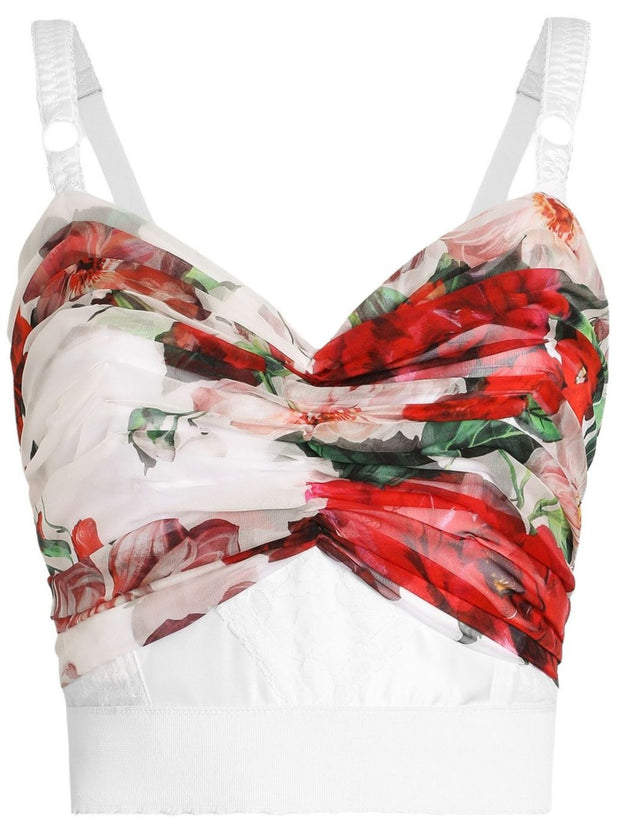Dolce & Gabbana Rose Print Bustier Top In Marquisette And Chiffon