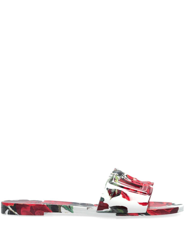 Dolce & Gabbana Floral Slide Sandals In White
