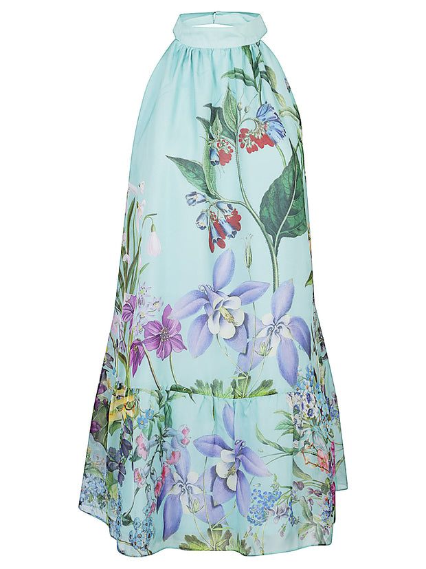 St. Piece Of London Bonnie Silk Floral Print Dress In Clear Blue