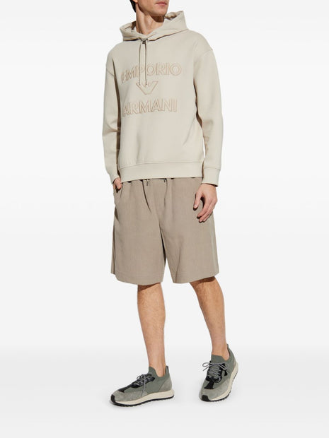 Emporio Armani Logo Cotton Hoodie In Beige