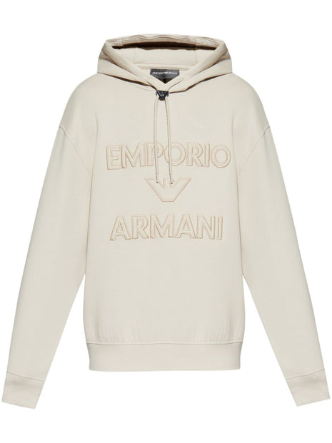 Emporio Armani Logo Cotton Hoodie In Beige