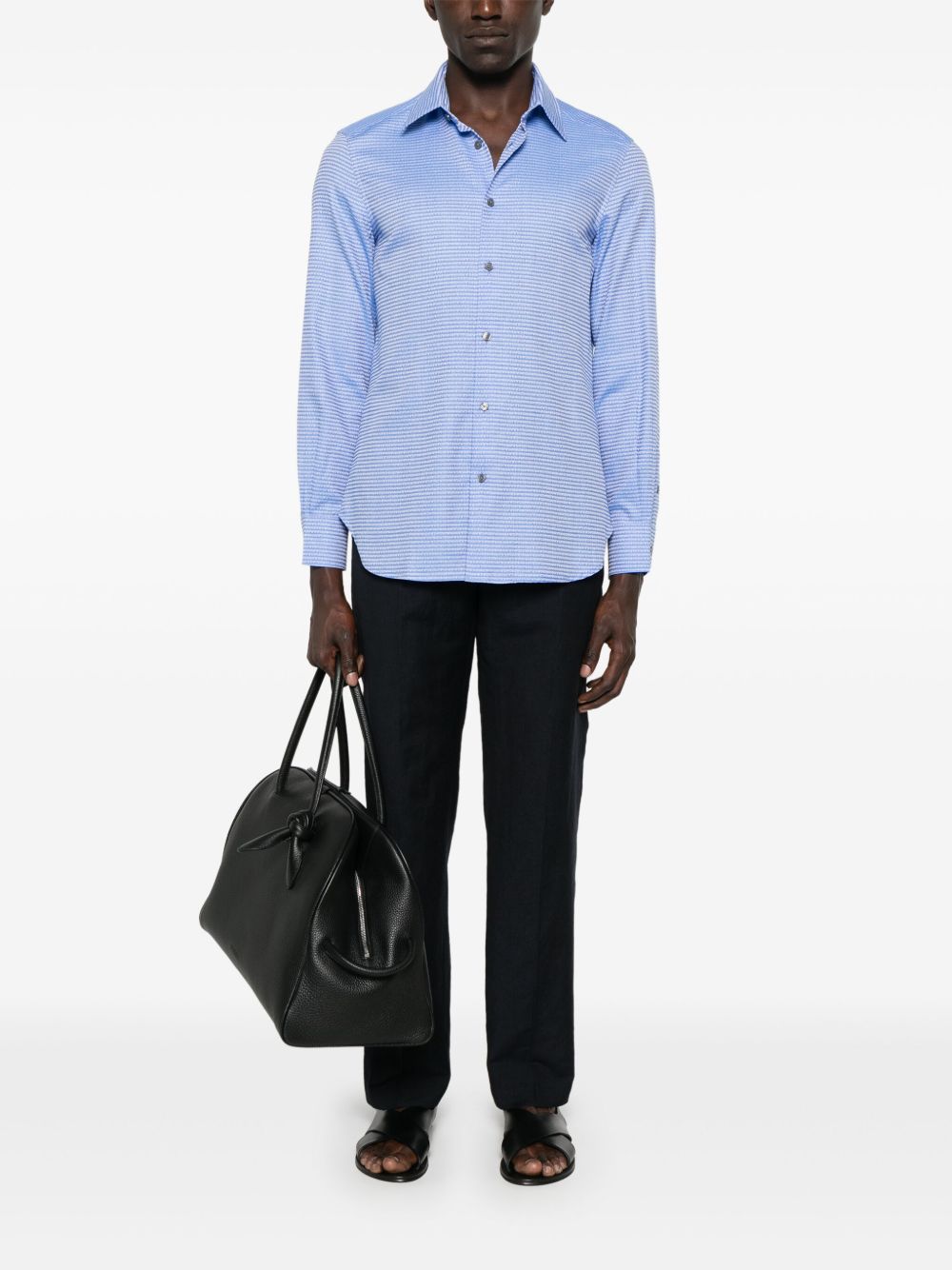 Emporio Armani Allover Logo Cotton Shirt In Clear Blue