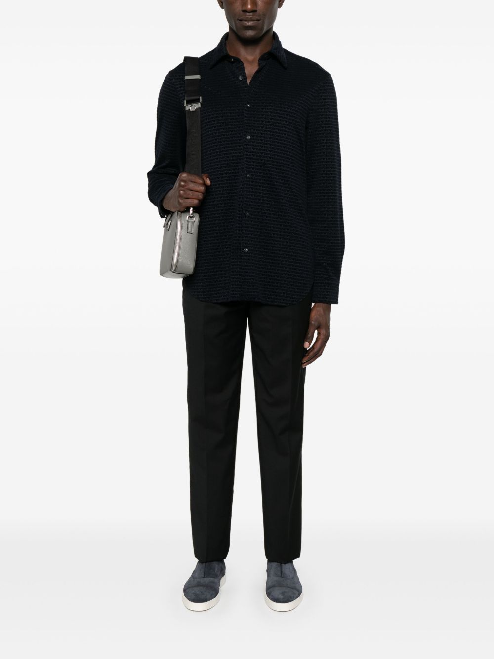 Emporio Armani Allover Logo Cotton Shirt In Blue