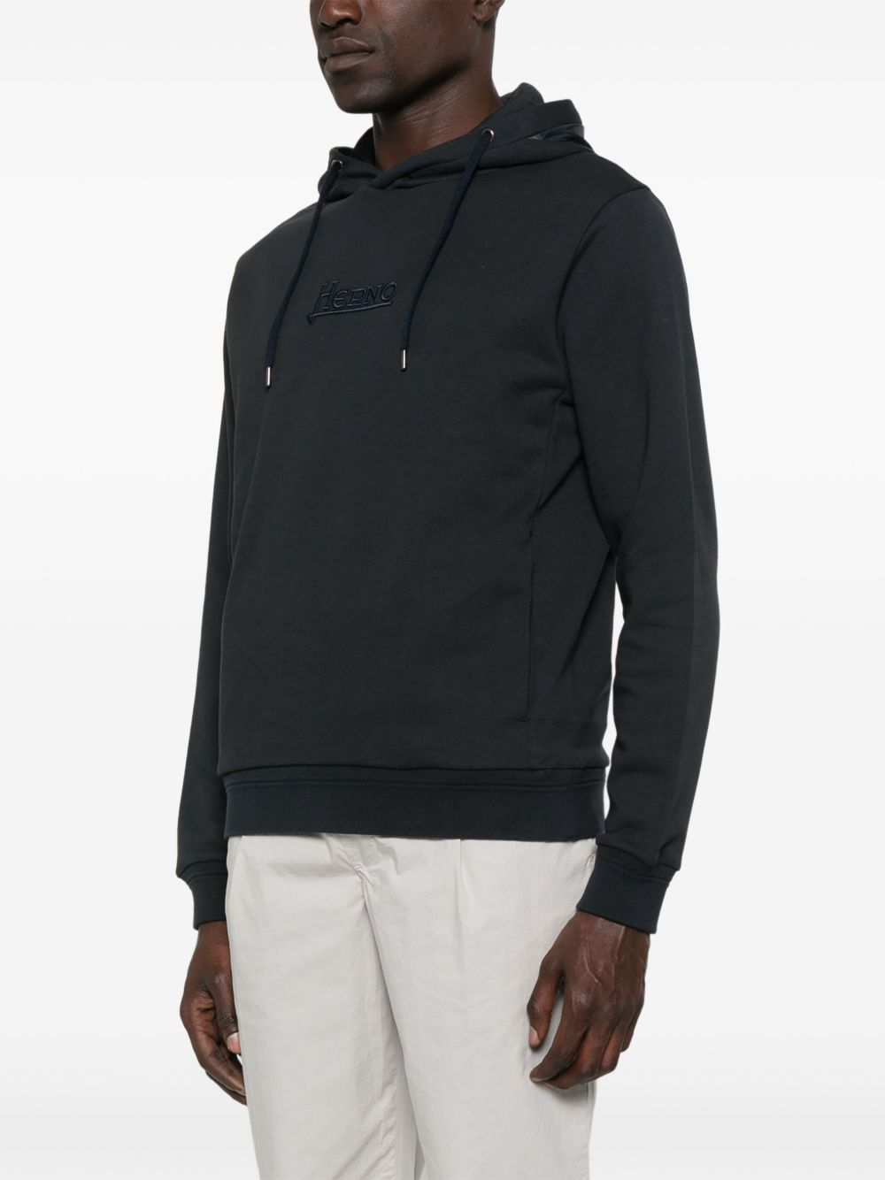 Herno Logo Cotton Hoodie In Blue