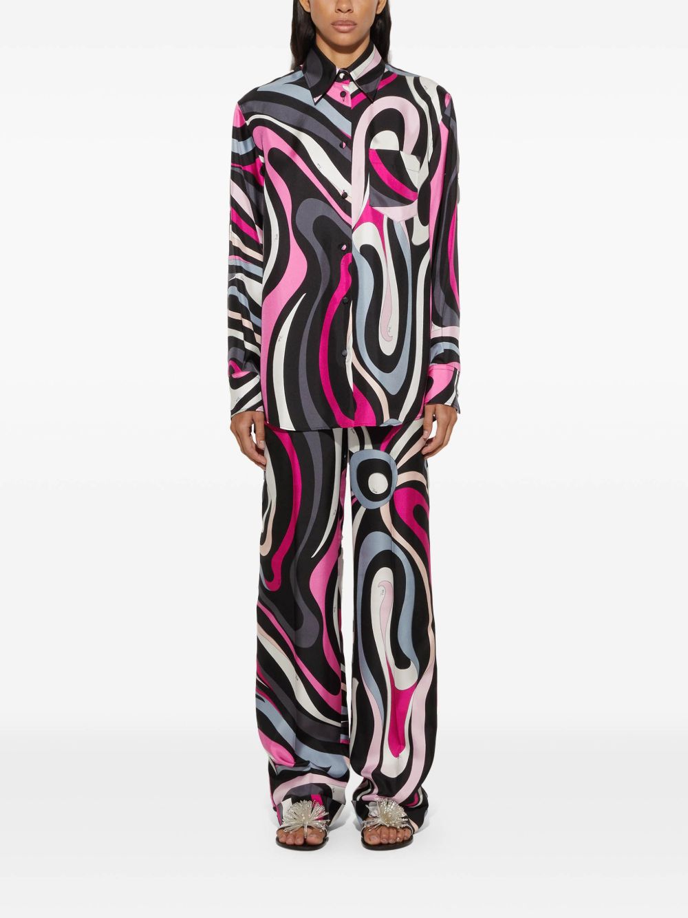 Pucci Marmo Print Straight Silk Trousers In Fuchsia