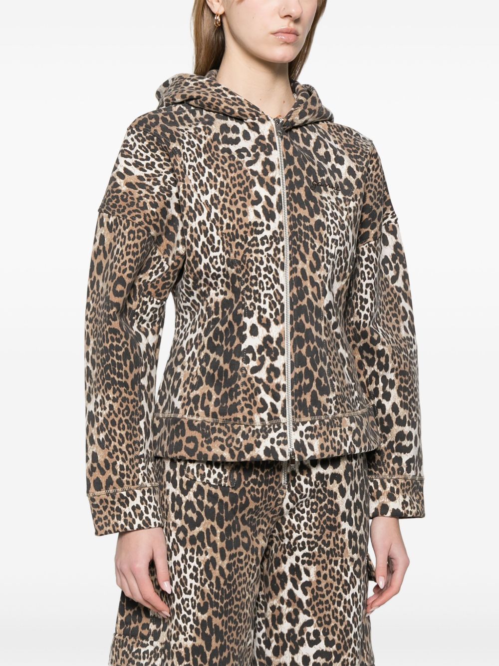 GANNI Leopard Cotton Full Zip Hoodie