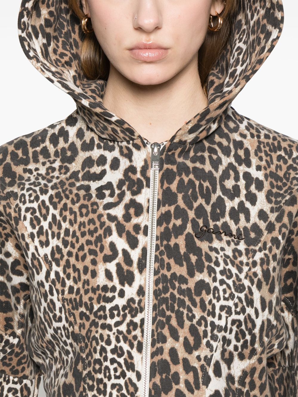 GANNI Leopard Cotton Full Zip Hoodie