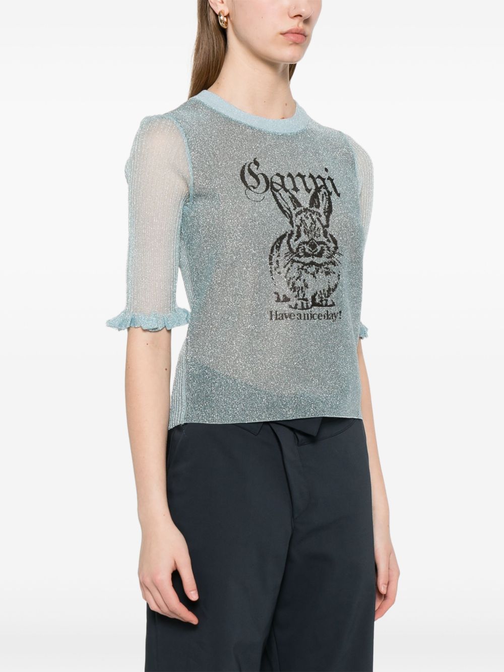 GANNI Bunny Crewneck Top In Blue