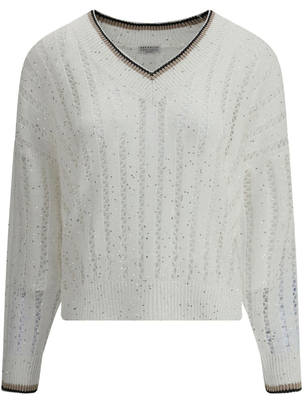 Brunello Cucinelli V Neck Sweatern - White