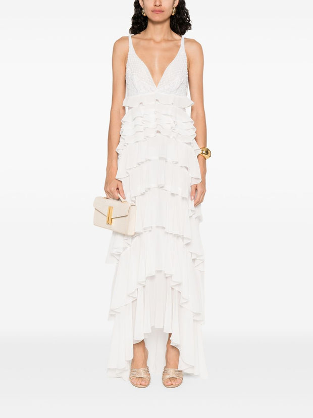Elisabetta Franchi Red Carpet Long Dress In Ivory Georgette Fabric