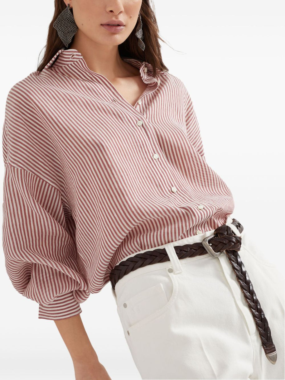 Brunello Cucinelli Striped Linen Shirt Bordeaux