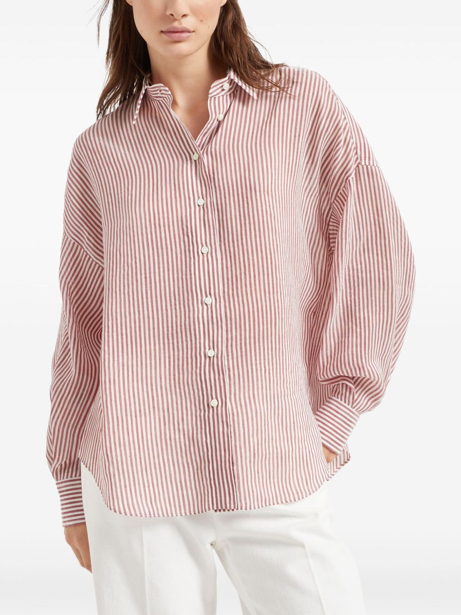 Brunello Cucinelli Striped Linen Shirt Bordeaux