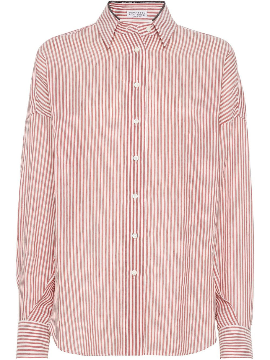 Brunello Cucinelli Striped Linen Shirt Bordeaux