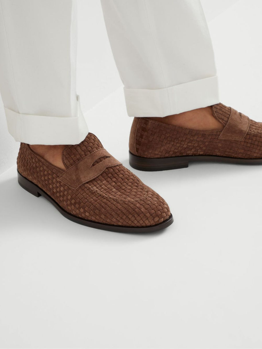 Brunello Cucinelli Weaved Suede Penny Loafer - Brown