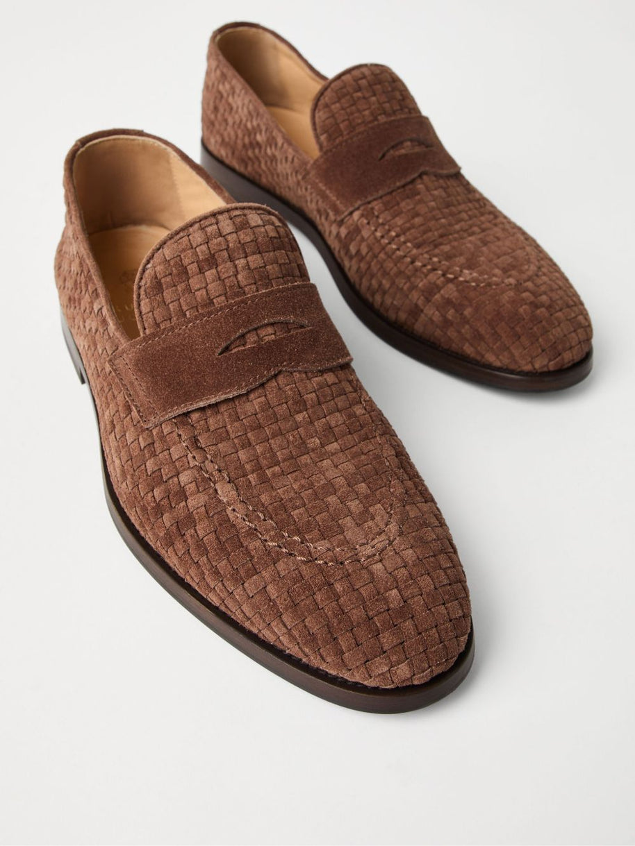 Brunello Cucinelli Weaved Suede Penny Loafer - Brown
