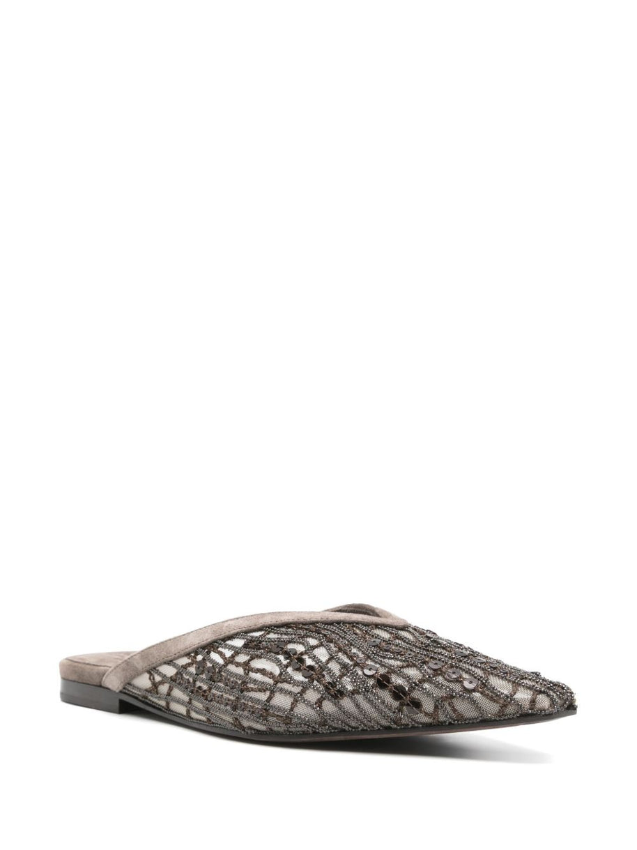 Brunello Cucinelli Abstract Embroidered Suede Slingback Ballet Flats