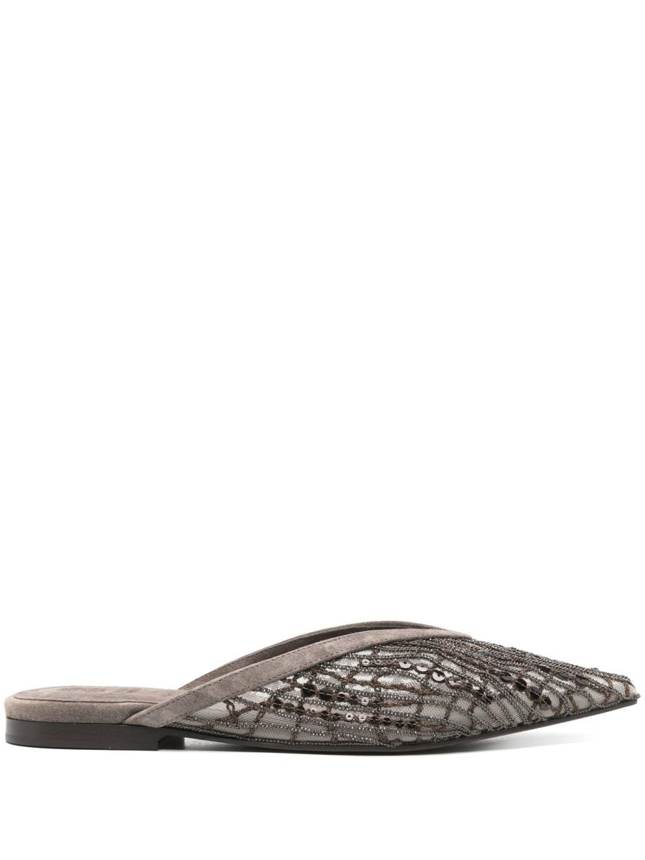 Brunello Cucinelli Abstract Embroidered Suede Slingback Ballet Flats