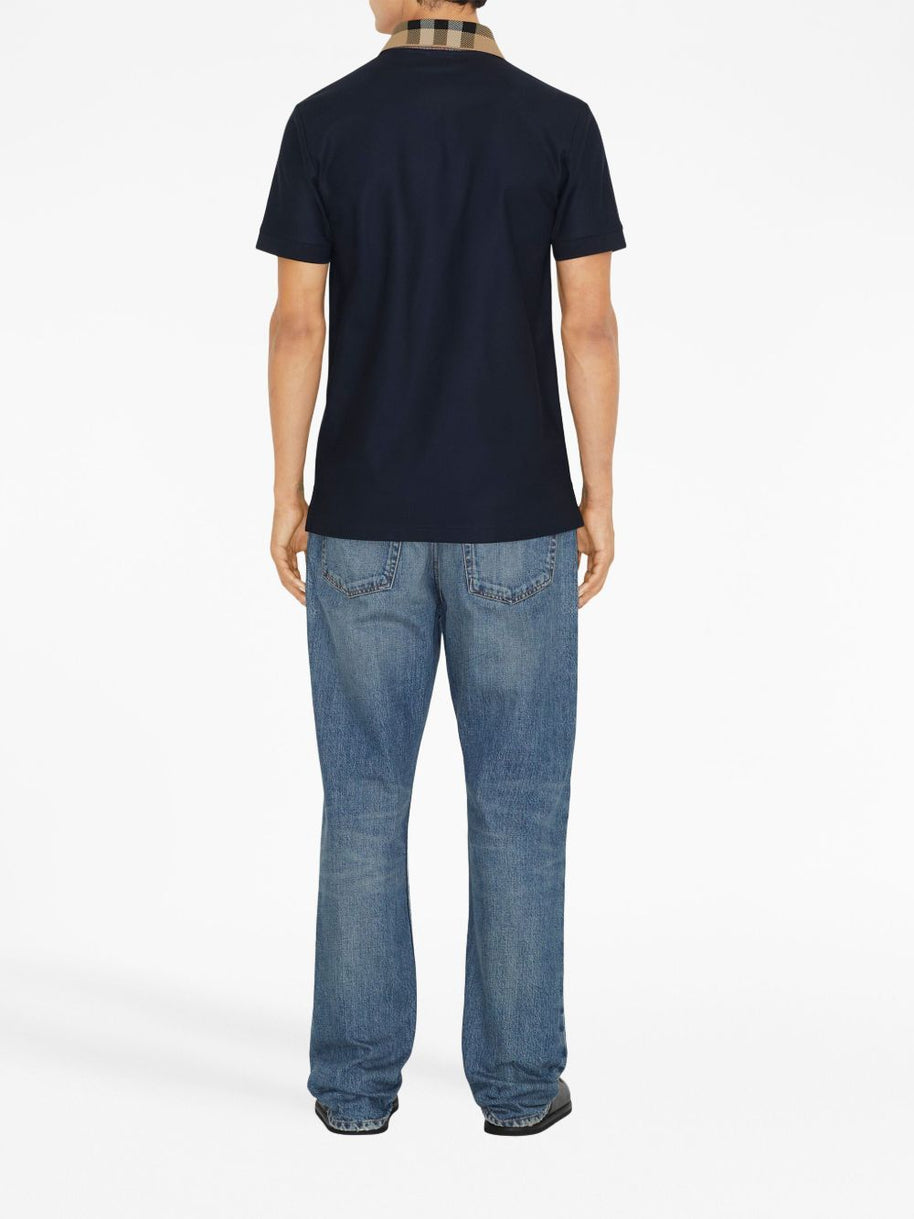 Burberry Check Collar Cotton Polo Shirt - Blue